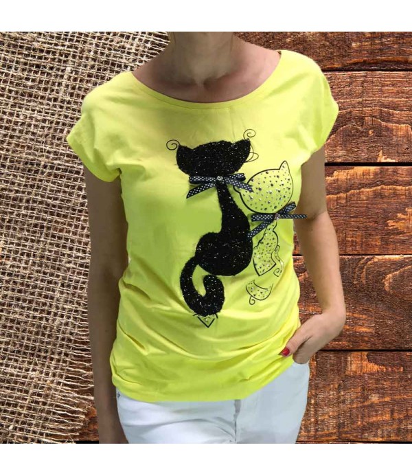 camiseta gatos strass amarilla